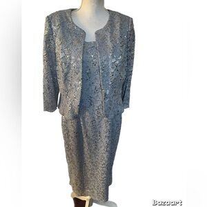 Alex Evenings 2pc Dress 12P Blue Open Jacket Lined Sequin 3/4 Sleeve Formal